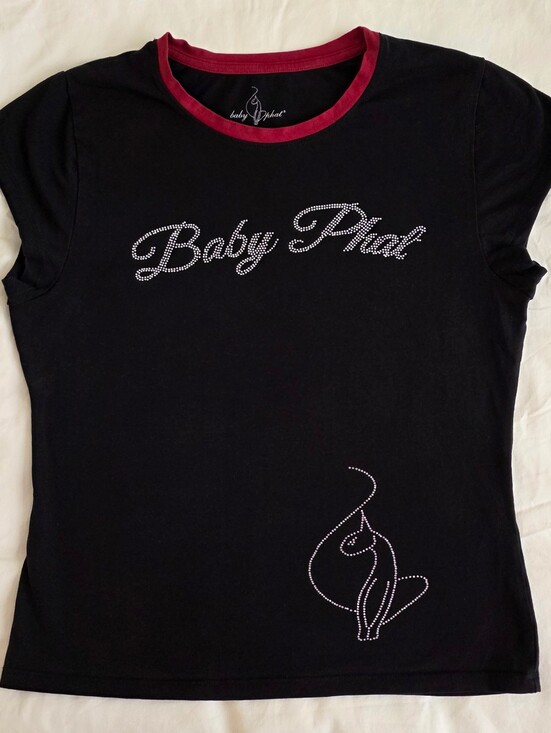 Baby Phat Tops - Baby Phat Rhinestone Logo Cat Graphic T-Shirt Black Red Trim Women's XL Y2K